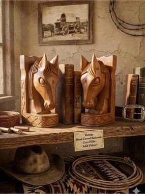 VTG Hand Carved Wood Horse Head Bookends Knight Chess Piece Sculpture Figurine